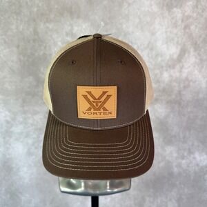 Vortex Optics Trucker Hat Men OSFM Brown Tan Solid Mesh Back Leather Logo Patch